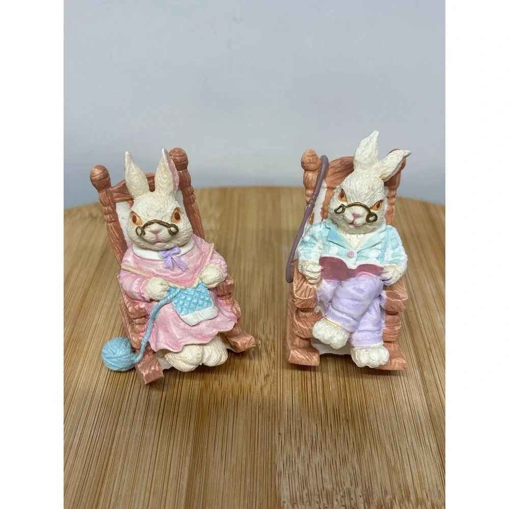 Vintage Lot Easter Rabbit Bunny Figurine Family Colorful Resin Cottagecore